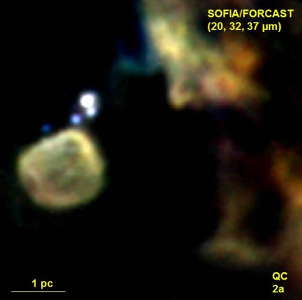这是SOFIA/FORCAST中红外图像,拍摄的是五合星团,这是一个由年轻恒星组成的星群,在图像中位于左侧边缘,其距离银心大约100光年