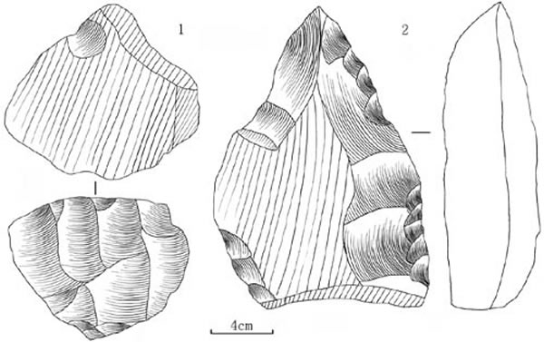 太子陵旧石器地点发现的石片石核及手镐。(王春雪,盛立双供图)