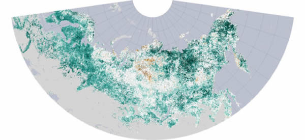 美国国家航空航天局地球观测站今日公布了一组卫星测绘地图,展示了极北地区近三十年中的植被变化。