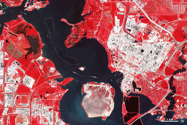 在这幅照片中,水呈现为蓝色,建筑和铺砌表面呈现为棕褐色和灰色;植被呈现为红色,色泽越亮表示植被越丰富。