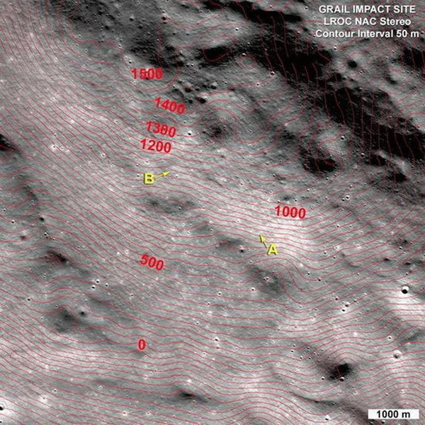 这是月球轨道勘测器相机立体衍生地形图,显示的是GRAIL双子卫星的碰撞陨坑,图像宽度为8400米,正前方向是北向