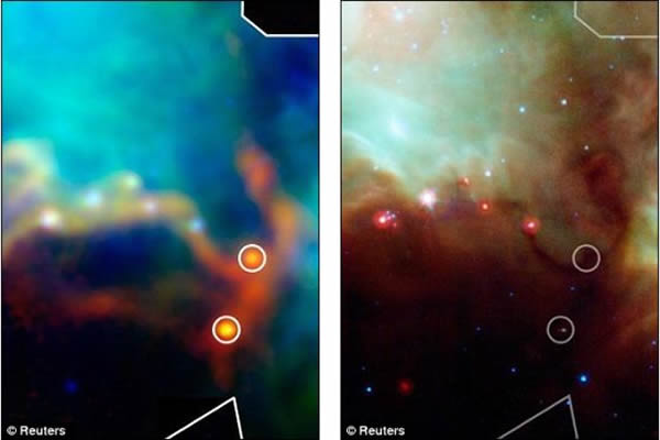 新细节:赫歇尔太空望远镜能够发现非常年轻的恒星(左)发出的红外光信号,而以前的扫描则无法发现(右)
