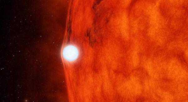 本图非常形象地描绘出白矮星通过红矮星盘面时产生的广义相对论效应,强大引力场将光线弯曲