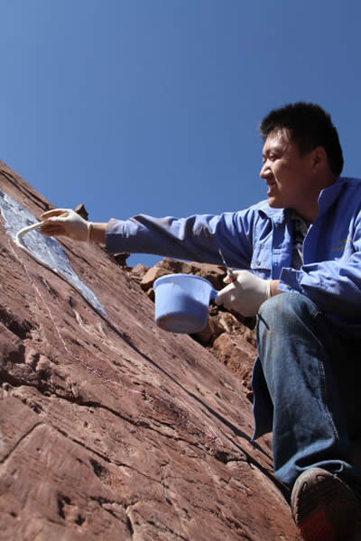 考察队员在给化石制作模型