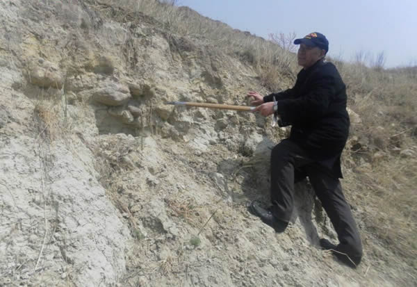 袁宝印所指处为发现的石墙