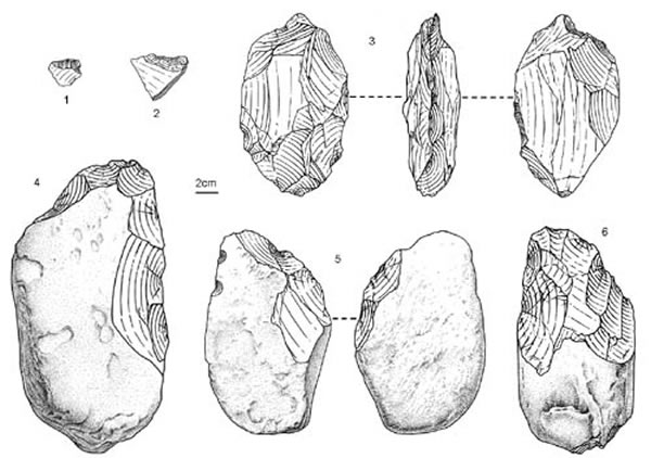 果茶场II遗址出土的刮削器(1,2)、砍砸器(3-5)和手镐(6)(许勇绘制)