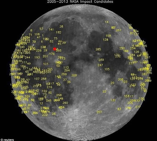 美国宇航局月球监测计划已经记录到数百次撞击事件,3月17日发生的撞击为正方形点的为位置