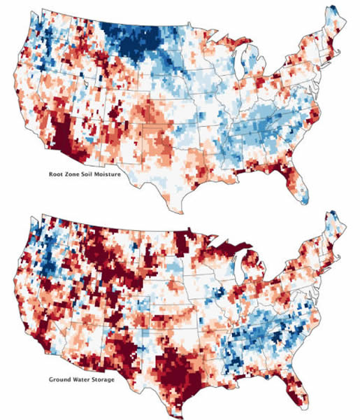 卫星测绘地图展示美国大陆2013年6月初的地表及地下水含量相对往年的变化