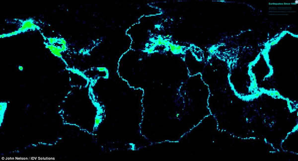 地震:图中清晰的显示哪些地区是地震多发区。