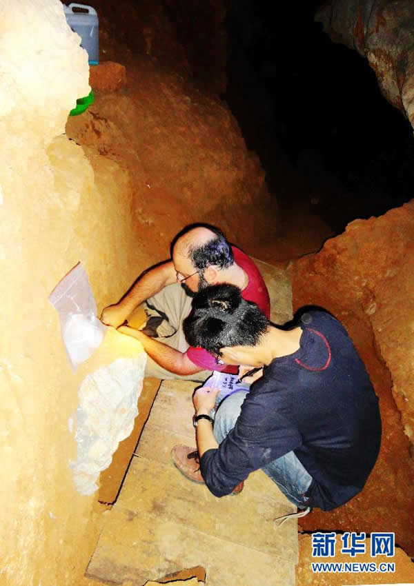 这是中外考古学家在么会洞开展科研工作(2011年11月6日摄)