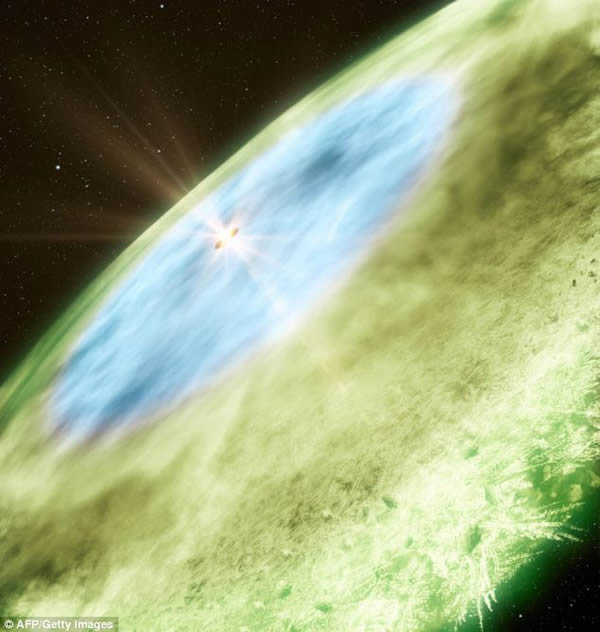 这张艺术家印象图中,从蓝色到绿色的转变显示了一氧化碳雪线。