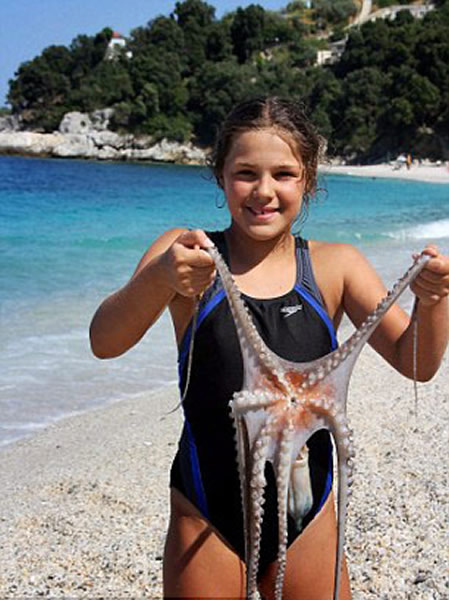 美国游客在希腊抓到罕见的六足章鱼