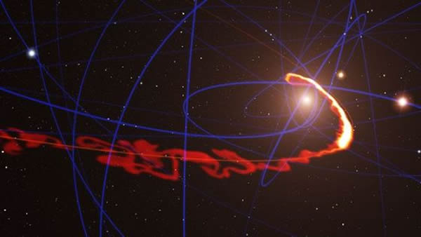 科学家正密切注视银河系中心一个超大质量黑洞吞噬一股气体云团的场景。在黑洞巨大的引力场作用下,这股气体云已经被拉伸成为意大利面条般的形状