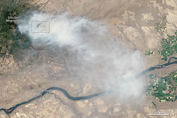 2013年7月28日, NASA的Landsat 8卫星拍下了这幅照片,显示了华盛顿戈尔登(Goldendale)地区东北锡姆科山脉森林大火
