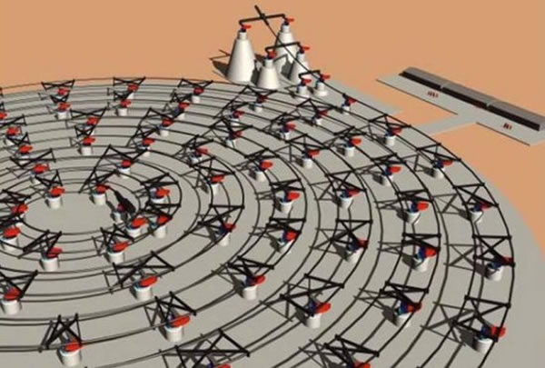 超级弹弓的模拟效果图,多个同心圆构成了加速通道,可将补给物品等弹射进入太空