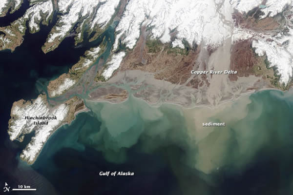 卫星照片显示美国阿拉斯加洲铜河三角洲的面貌