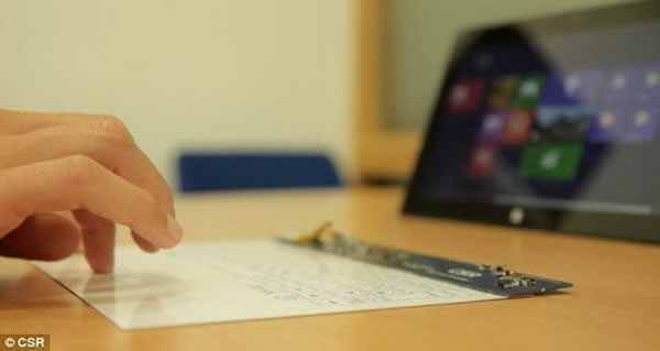 这种键盘可作为平板电脑和智能手机的延伸触摸灵敏区域,因此消费者可以使用完全尺寸的纤薄键盘连接手机输入手机短信