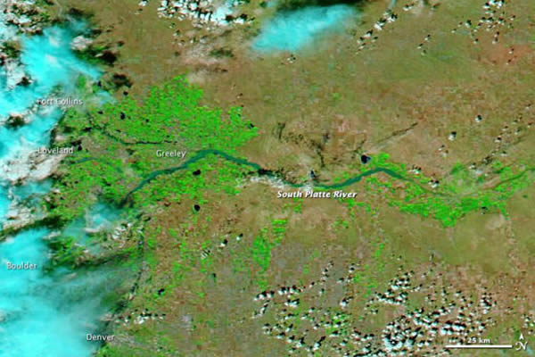 在9月14日短暂的一个歇雨时刻,NASA的Aqua卫星拍下了这幅照片,显示了洪水暴涨的科罗拉多南普拉特河( South Platte River)及其支流
