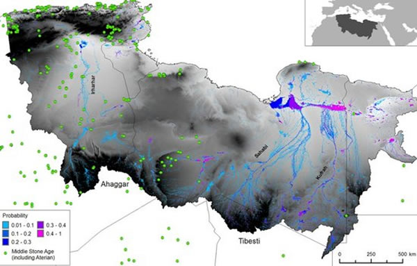 科学家绘制的非洲北部沙漠地区下隐藏的古河流系统,它们是人类迁徙的绿色通道