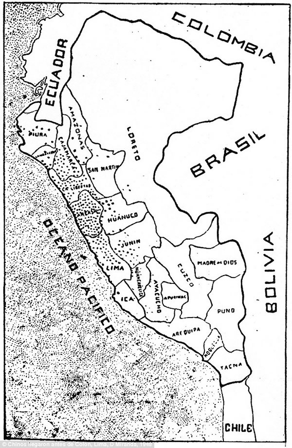 地图上这些点代表秘鲁的小镇,据说有一个中国名字。这是郑和比哥伦布更早发现南美新大陆的证据。