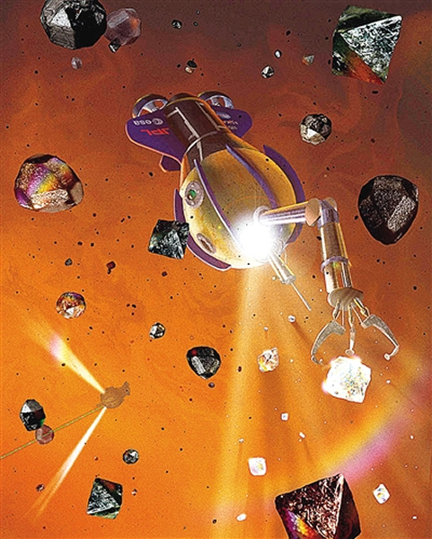 图为《外星海洋》中的插图,显示机器人手伸出来抓住钻石,收集并运回地球。