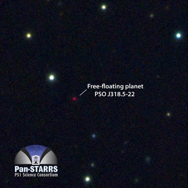 Pan-STARRS1望远镜获取的流浪行星PSO J318.5-22多彩色图像。这颗行星非常寒冷暗弱,比金星的可见光波段亮度低大约1000亿倍。其大部分能量辐射