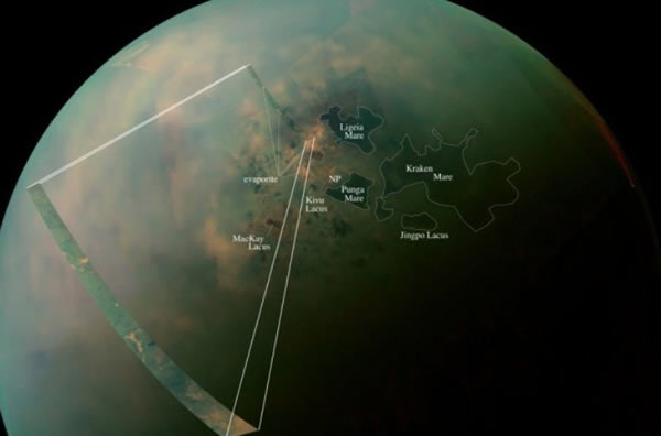 这张伪色图揭示了土卫六表面液态烃湖泊及周围表面物质组成