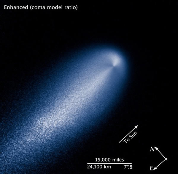 哈勃望远镜在2013年4月10日观测到的ISON彗星,图中指明了彗尾方向和太阳的方向。