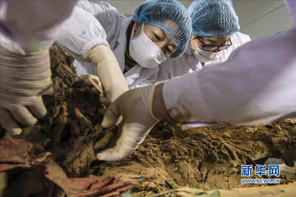 11月20日,来自中国丝绸博物馆、吐鲁番学研究院与吉林省博物院的多位考古专家小心翼翼地揭取古干尸身上的衣物。