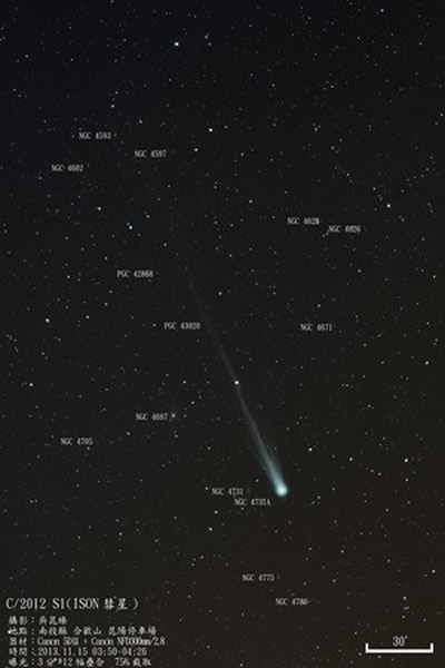 11月15日所摄爆发后的艾桑彗星已出现明显彗尾。(图/台北市立天文馆吴昆臻摄)