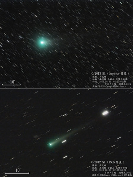 艾桑彗星(C/2012 S1(ISON))与洛夫乔伊彗星(C/2013 R1 (Lovejoy))也达到5星等(右图/台北市立天文馆吴昆臻摄)