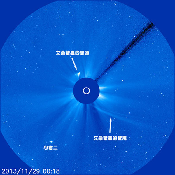 SOHO̫���۲�����C3��������11��29��8��18��Ӱ�񣬿����������ɣ���ǵ���ͷ��β�͡�