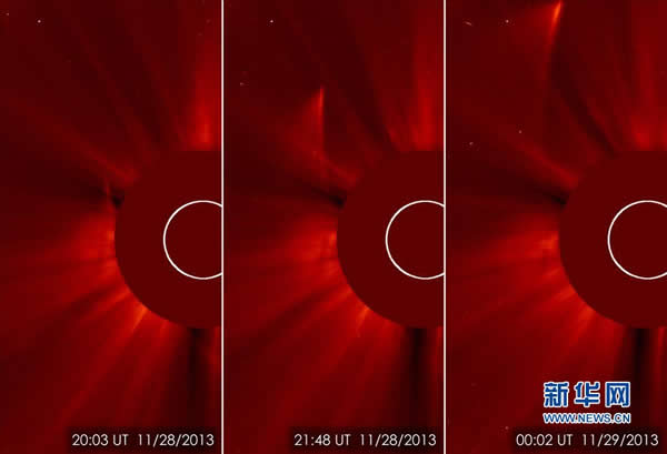 这张拼接图片显示“世纪彗星”ISON在经过太阳后剩余部分继续沿着它的轨道飞行。
