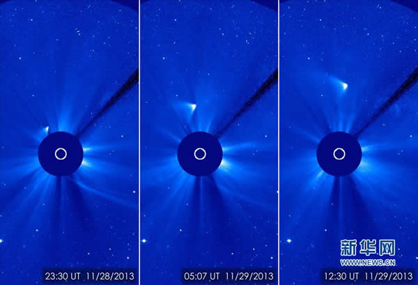 这张拼接图片显示“世纪彗星”ISON在经过太阳后剩余部分继续沿着它的轨道飞行。