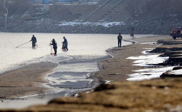 2013年12月18日,济南,放生的市民一走,蜂拥跑到放生的河滩处,或撒开大网捕捞,或是伸着长竹竿渔网捕捞,有的甚至站在齐腰深的水中捕捞。