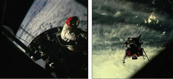 宇航员拉塞尔-施威卡特离开“阿波罗9号”太空舱测试便携生命保障系统。同时,阿波罗9号任务首次进行了登月舱零重力测试。