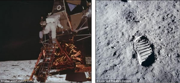 登月第二人:阿尔德林是继尼尔-阿姆斯特朗之后第二位登月宇航员,图右是他拍摄在月球上自己留下的脚印。