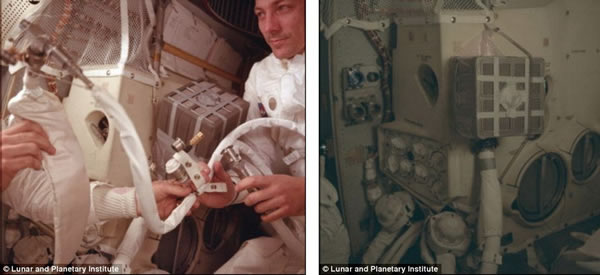 “阿波罗13号”经历了一些接近致命的故障问题,图左,宇航员杰克-斯威格特仍十分冷静,面带微笑帮助詹姆斯-洛弗尔处理氧气管问题;图右,宇航员制作的二氧化碳“洗涤器