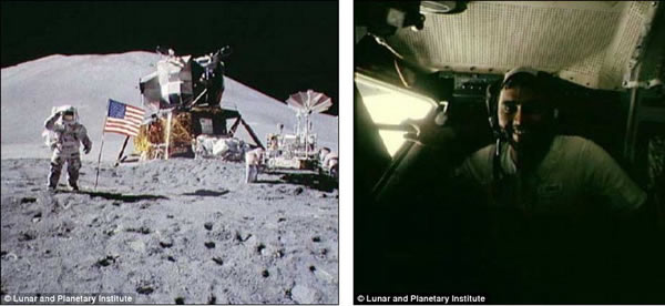 左图中是“阿波罗15号”宇航员登月插上美国国旗;右图是宇航员哈里森-施密特,他是阿波罗月球探索时代最后一位登月宇航员。