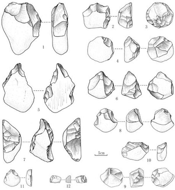 商丹盆地的石制品。1-2,4,10,砍砸器;3,石锤;5,7,手镐;6,8,手斧;9,重型刮削器;11,刮削器;12,石核。(王社江供图)