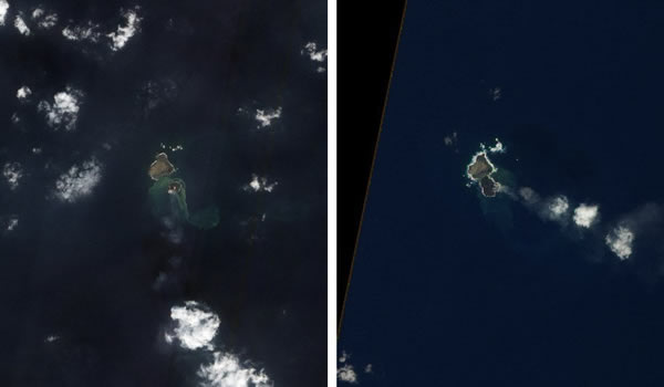 图左是2013年12月8日,地球观测-1卫星拍摄到日本新火山岛Niijima和邻近的西之岛(Niijima);图右是2013年12月24日,在持续火山喷发的状态