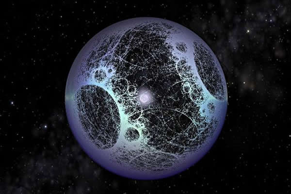 一种戴森球的示意图,利用恒星能量的初级形式,科学家认为更高级的恒星能量利用途径是通过黑洞摄取