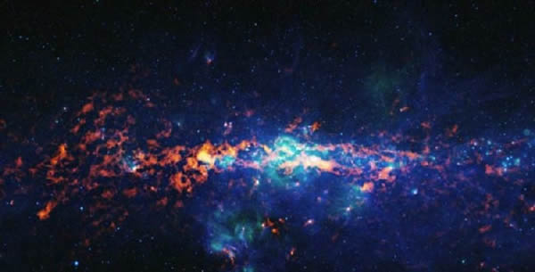 银河系中央存在一个质量约为太阳400万倍的超大质量黑洞,它距离地球大约25000光年远。射手座B2是银河系里最大的分子气体云之一,在图中左边和中央(亚毫米波长的