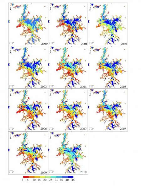 图例中数字表示每年被水覆盖的次数,研究是利用中等分辨率成像光谱仪(MODIS)8天合成的数据,对湖泊全年共监测46 次,即湖泊中的某一位置,每年被水覆盖最多次数