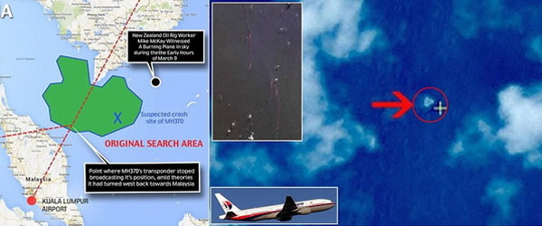 图左为马航失踪地图。图右为「高分一号」卫星锁定的漂浮物。