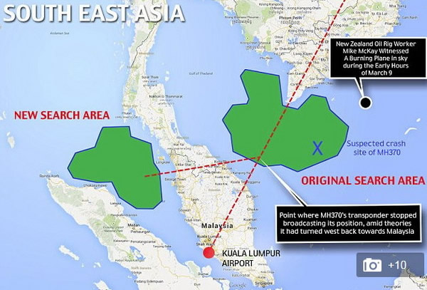 图中的红线交叉处为马航失联的发生点。据传飞机曾折返 (左红线)马来西亚。右上角为目击者油田工人的所在位置。