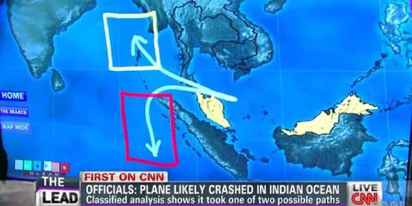 CNN:美国机密电子卫星资料显示马航MH370班机可能在孟加拉湾或印度洋海域坠毁
