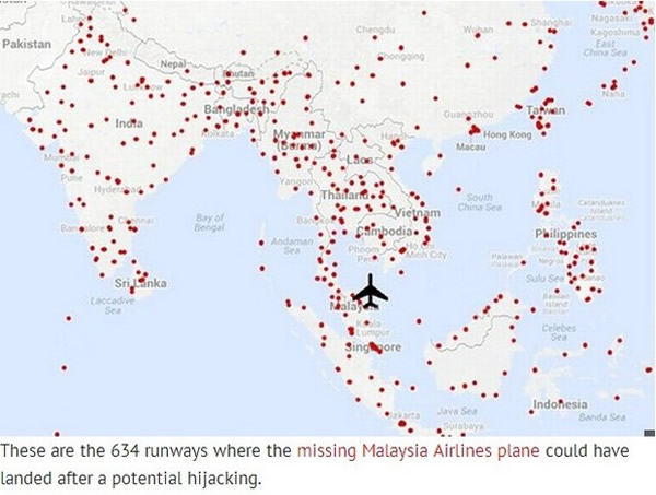 英国镜报整理出马航MH370可能会降落的634个机场跑道地图