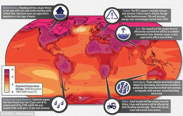 ���ŵ�ͼ��ϸԤ���˲�ͬ��½�������ܵ�����仯Ӱ�죬����������仯ר��ίԱ��(IPCC)�����о�����ƣ����������⡱ȫ������仯��������Ӱ�졣