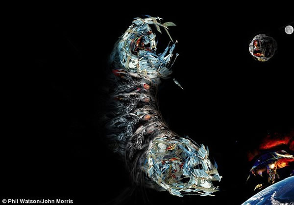 艺术概念图,展示了所谓的“世界飞船”。世界飞船可以使用太空垃圾建造,内部将打造一个太空版的生态系统。此外,这种飞船还可以捕获小行星,以提高可持续性。